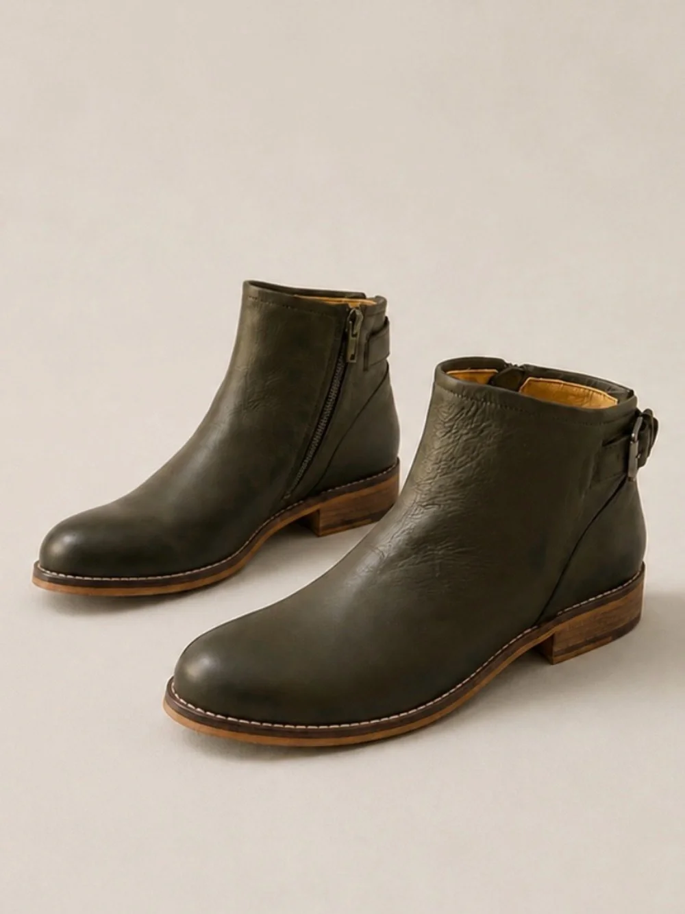 Jafa 207 Leather Ankle Boots Side Zip Buckle EU 38 US 7.5 - 8 Cactus OliveGreen
